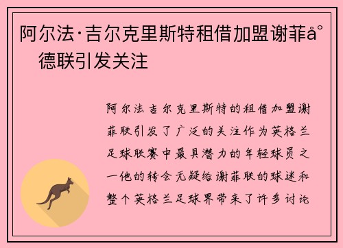 阿尔法·吉尔克里斯特租借加盟谢菲尔德联引发关注