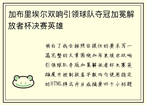加布里埃尔双响引领球队夺冠加冕解放者杯决赛英雄