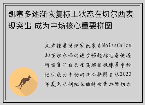 凯塞多逐渐恢复标王状态在切尔西表现突出 成为中场核心重要拼图